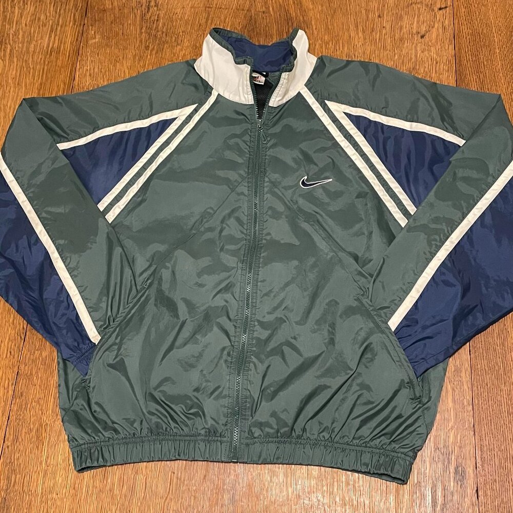 Nike Vintage 90s Windbreaker Jacket - Large, Green & Navy Blue